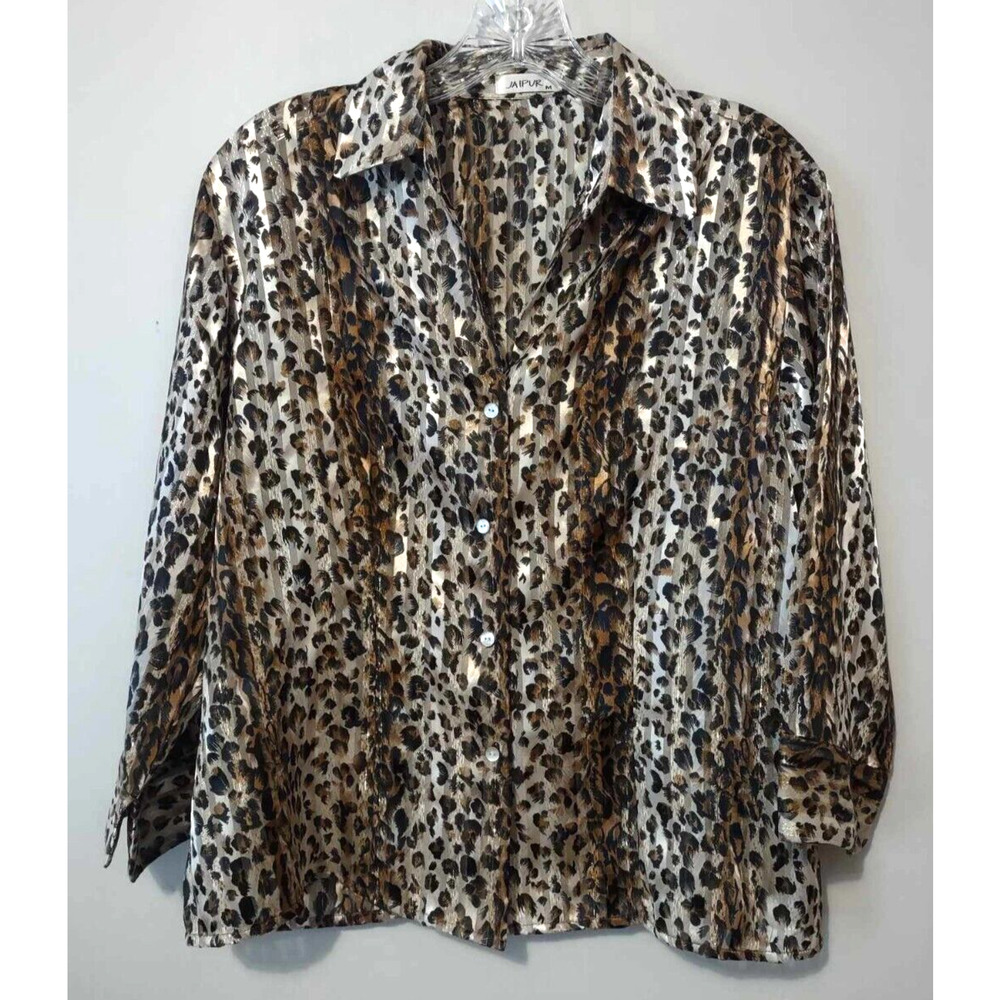 Jaipur Leopard Print Collared Button Up Long Sleeve Blouse Size Medium